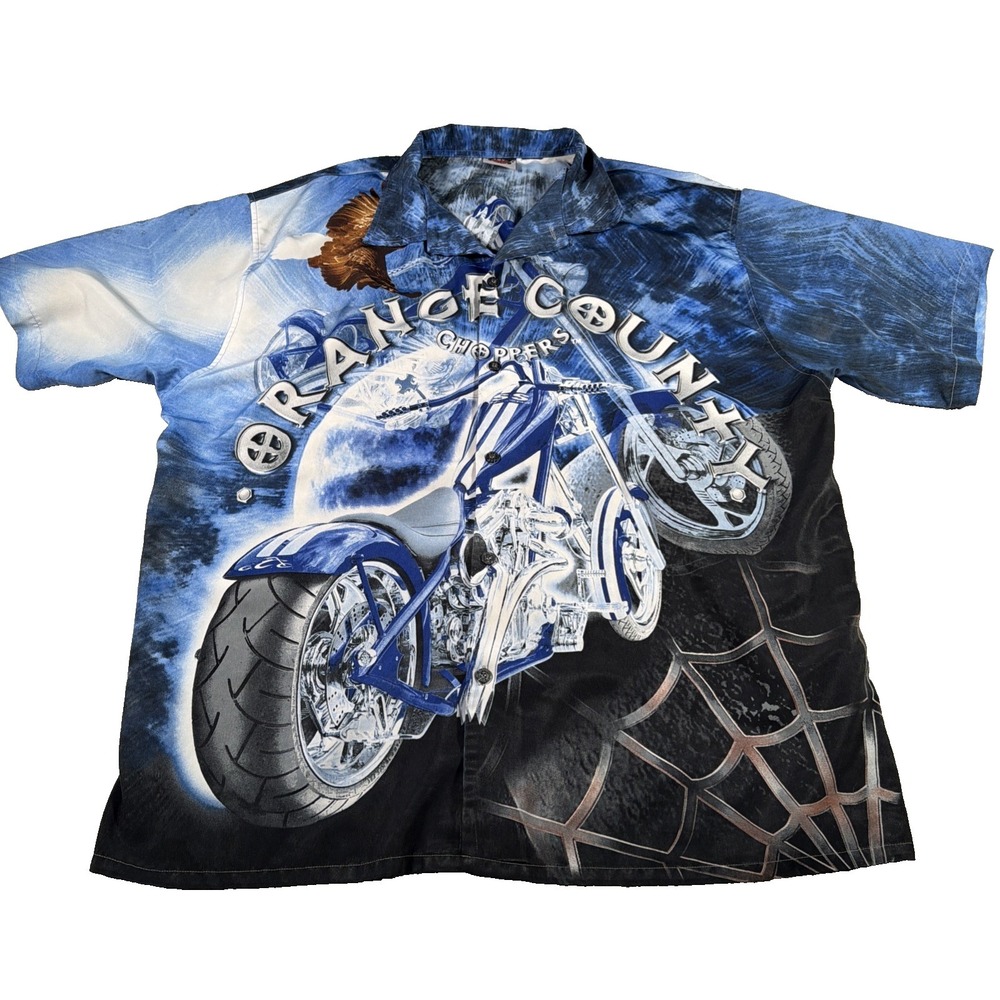 Orange County Choppers OCC Mens Button Up Graphic Shirt 2XL‎ Vintage Blue